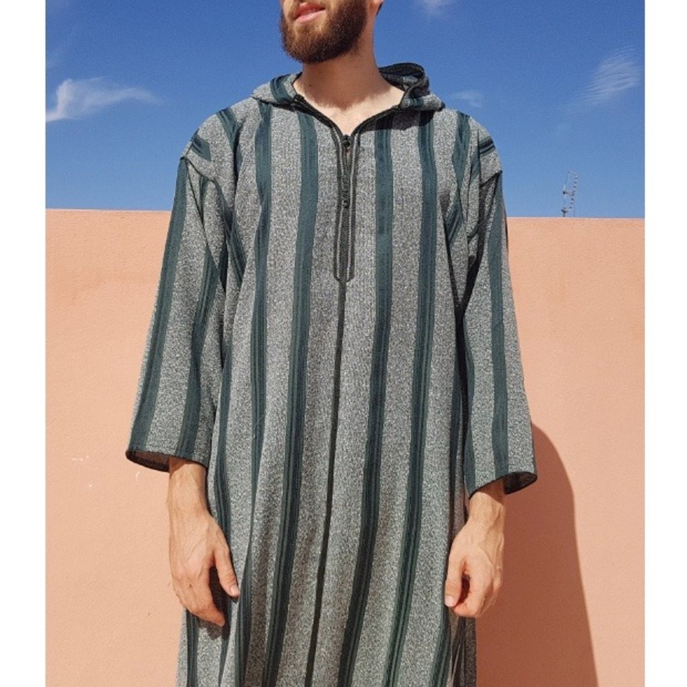 Marrakech Mens Green Striped Moroccan Hooded Cotton Thobe Jubba Djellaba Size XL